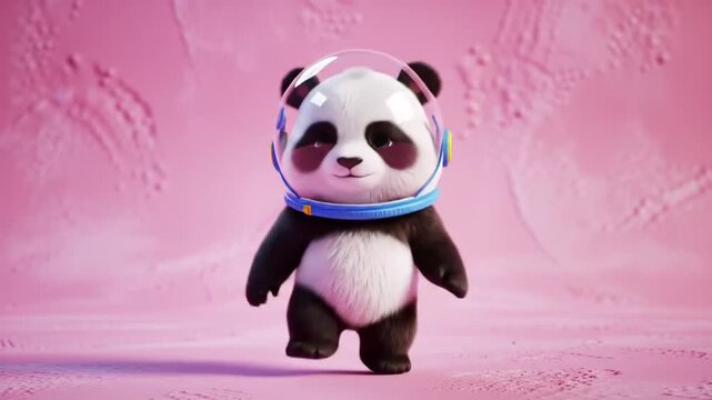 Cartoon panda astronaut in space suit digital art pink background