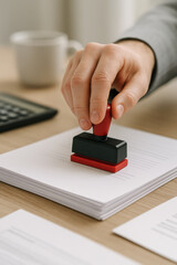 Fototapeta premium Hand pressing red and black stamp on document with calculator and cup in background