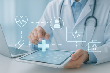 Medical professional using tablet with healthcare icons and digital interface