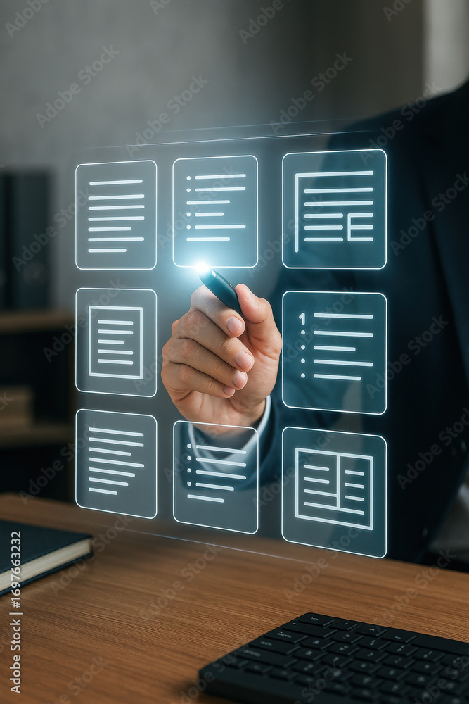 Poster digital document selection with hand and pen on virtual screen in office