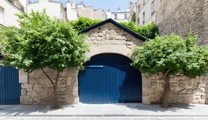 Parisian stone building with blue doors and lush greenery