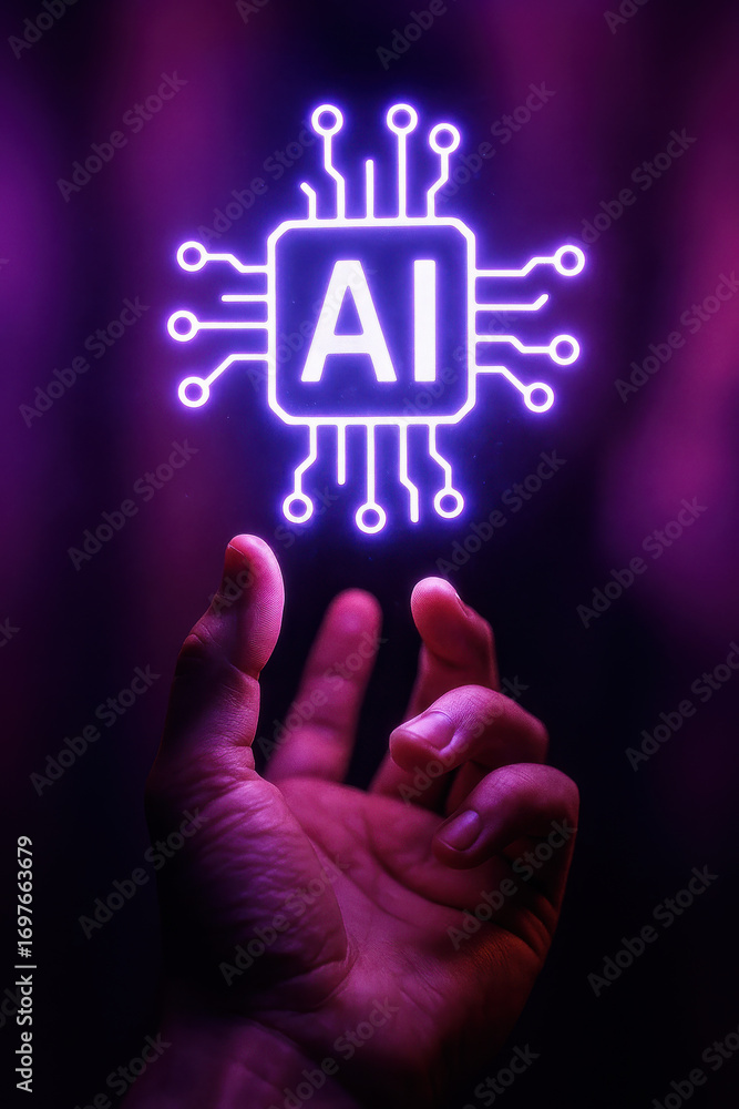 Poster artificial intelligence concept with glowing chip and hand in dark background