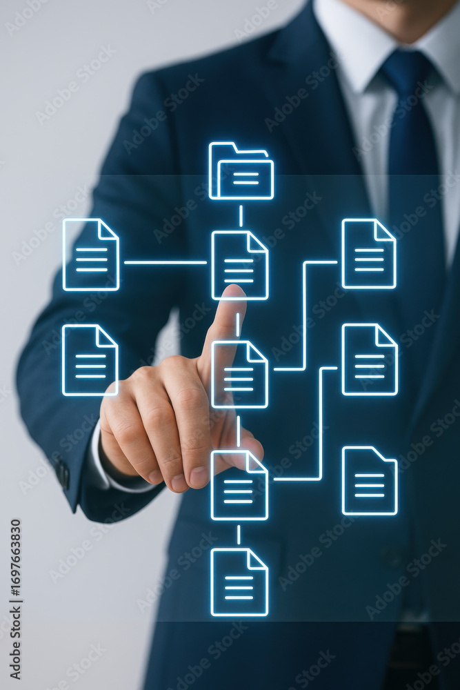 Aufkleber businessman pointing at digital file icons with folder and document symbols