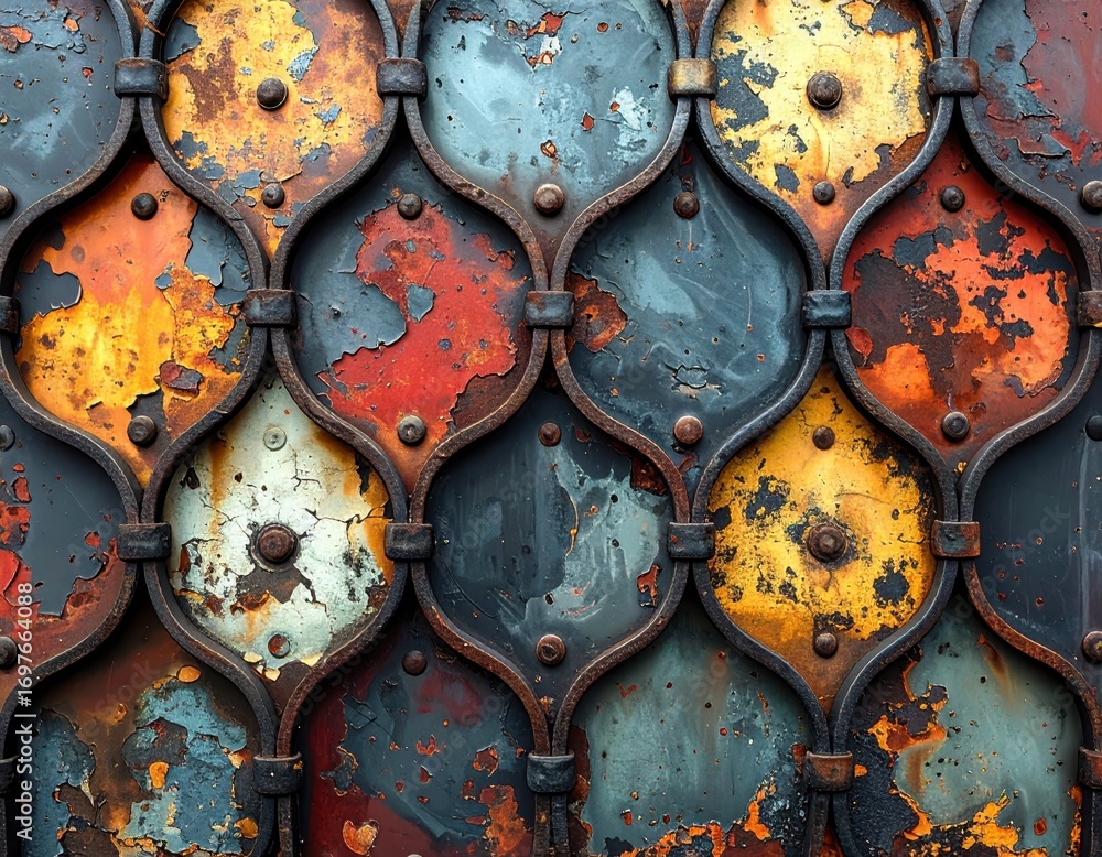 Poster colorful rusty metal surface with intricate pattern and texture