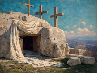 Painted Stone Tomb with Wooden Crosses Against Cloudy Sky