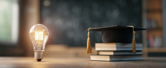 The lightbulb beside a graduation cap and books symbolizing academic inspiration and achievement
