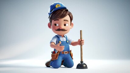 Cartoon plumber kneeling with plunger and tools on a light background