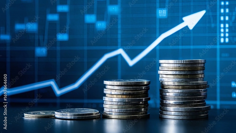 Poster a collection of stacked coins rests on a surface, with a background featuring a financial graph that