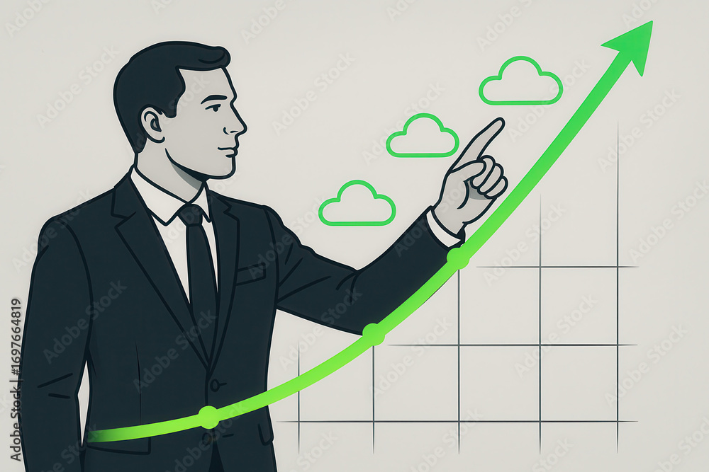 Poster businessman pointing at rising green arrow with cloud icons on graph background showing growth