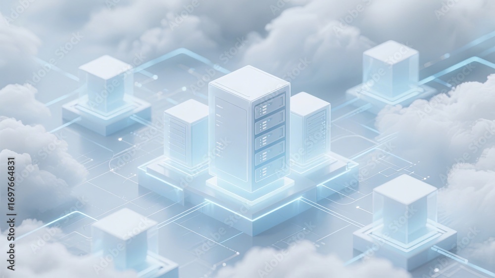 Aufkleber cloud computing technology is illustrated with multiple server boxes nestled among fluffy clouds, hi