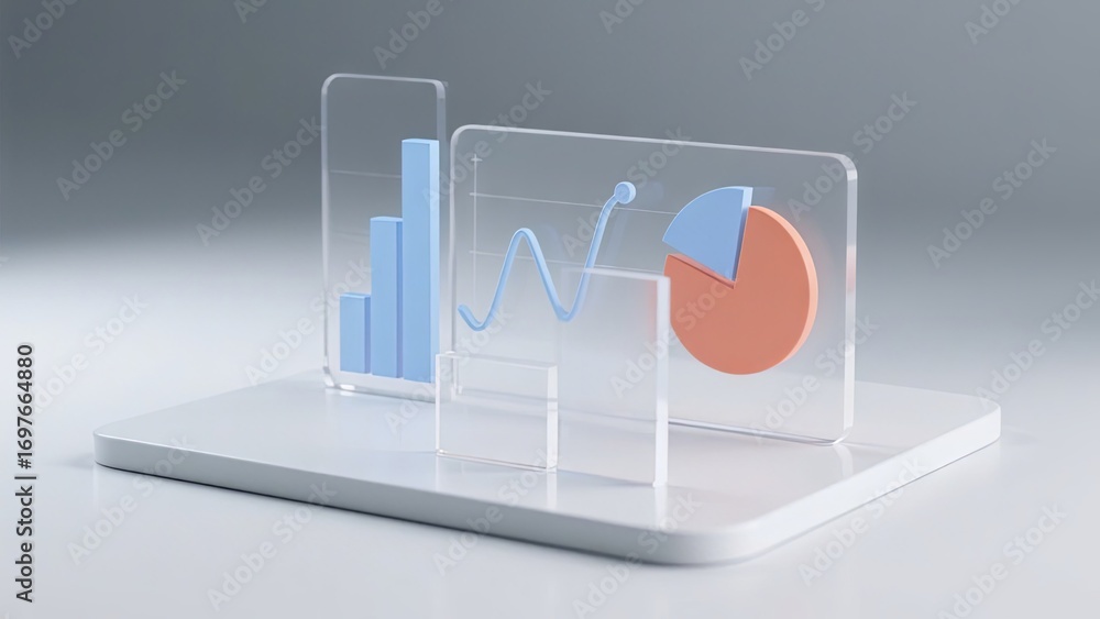 Poster Three-dimensional data visualization model displaying bar charts, a line graph, and a pie chart on a sleek platform. The design focuses on clarity and modern aesthetics