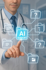 AI support concept with doctor pointing at digital folder icons in medical office