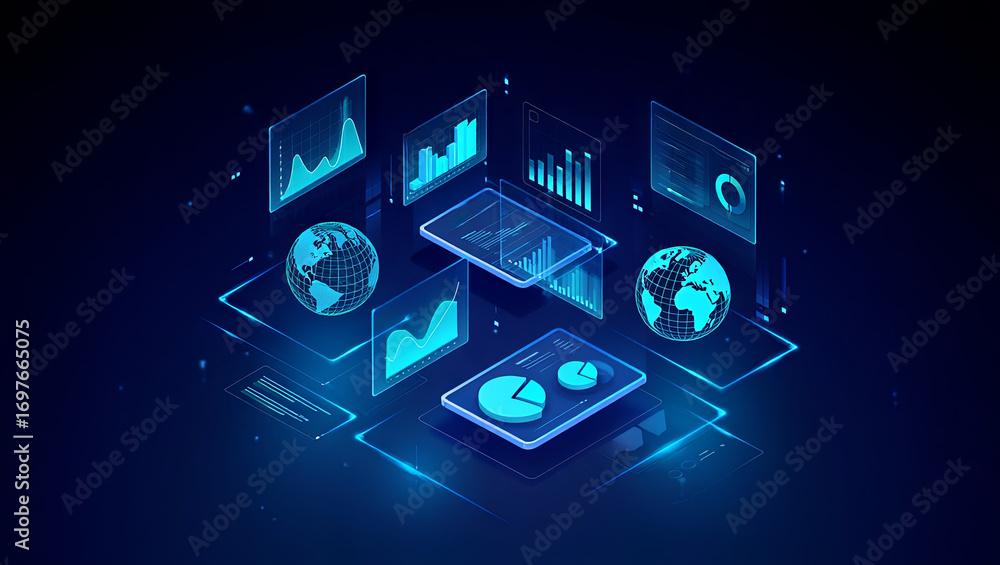 Poster a digital workspace showcases various graphs, charts, and world maps illuminated in blue tones, repr