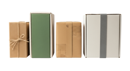 Four aligned boxes of recycled cardboard, cardstock, paper, with distinct textures, on transparent background, soft studio light, subtle shadows, sustainable packaging concept