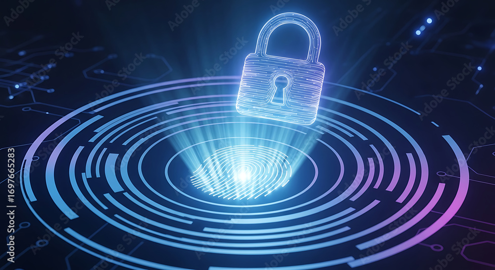Poster biometric fingerprint scan security with glowing digital padlock representing secure access