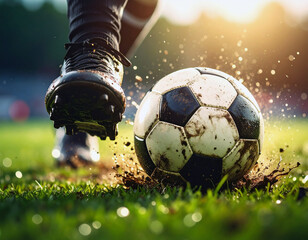 An extreme close-up of a boot kicking a soccer ball, creating a turf explosion. A concept of power and speed