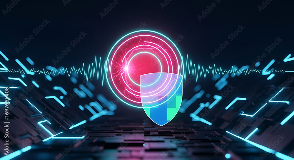 Poster digital antivirus shield protecting system from virus attack with glowing pulse wave