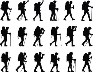 Obraz premium Silhouettes of hikers walking with backpacks, trekking poles, outdoor adventure, nature exploration, travel photography, mountain hiking, active lifestyle, 