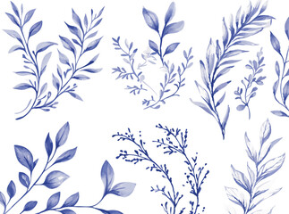 Collection of delicate watercolor painted blue green leafy branches and sprigs for design