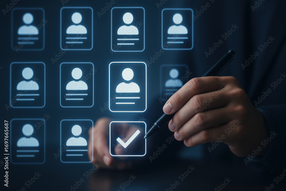 Poster hand selecting user profile with digital pen virtual screen, symbolizing choice and decision
