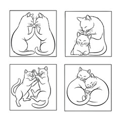 A set of four minimalist line art illustrations depicting affectionate cat couples.