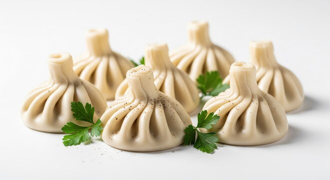 Several uncooked khinkali dumplings, sprinkled with pepper, sit atop fresh parsley on a white background