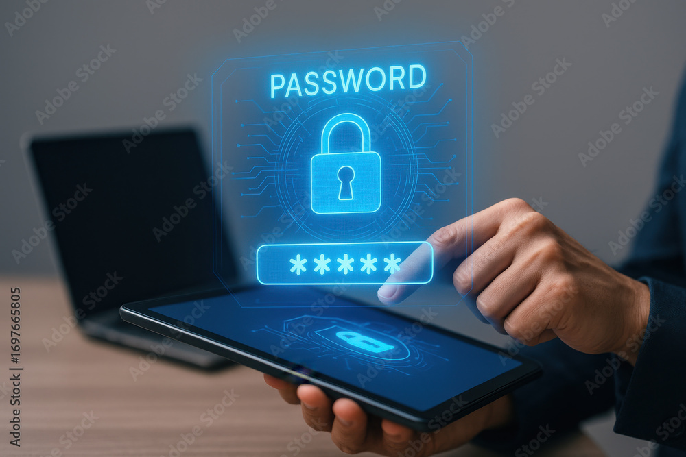 Poster password security concept with digital lock and hidden password on tablet screen