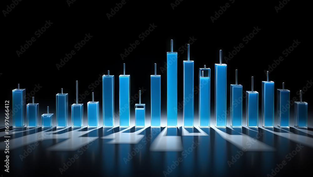 Poster dynamic visualization of financial data as blue candlestick chart patterns rise and fall, showcasing
