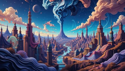 Vibrant and surreal fantasy cityscape featu towe spires, a glowing river, dramatic clouds, lush terrain, and a giant smoking volcano under a starry sky