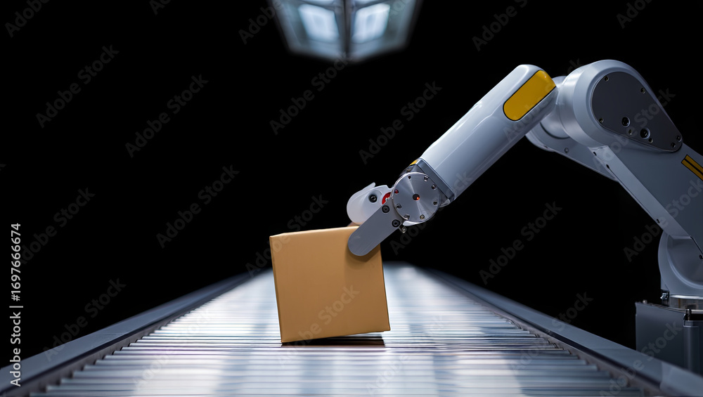 Aufkleber a robotic arm is skillfully placing a cardboard box onto an automated conveyor belt in a high-tech w