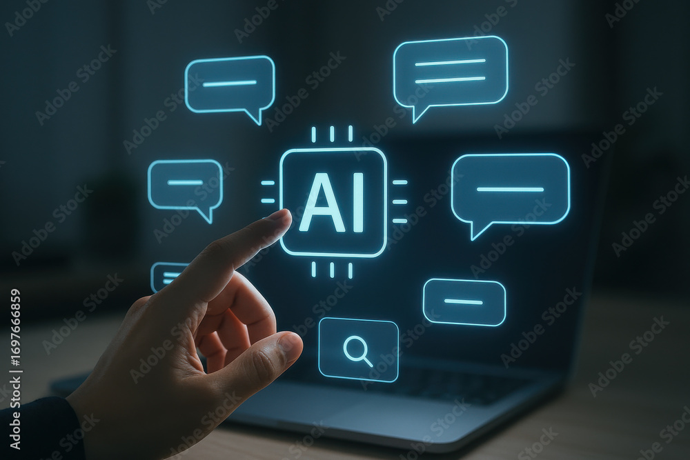 Poster artificial intelligence concept with hand pointing at ai icon and chat bubbles