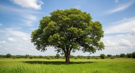 Obraz premium Large tree with green leaves in a field with blue sky nature outdoor natural landscape