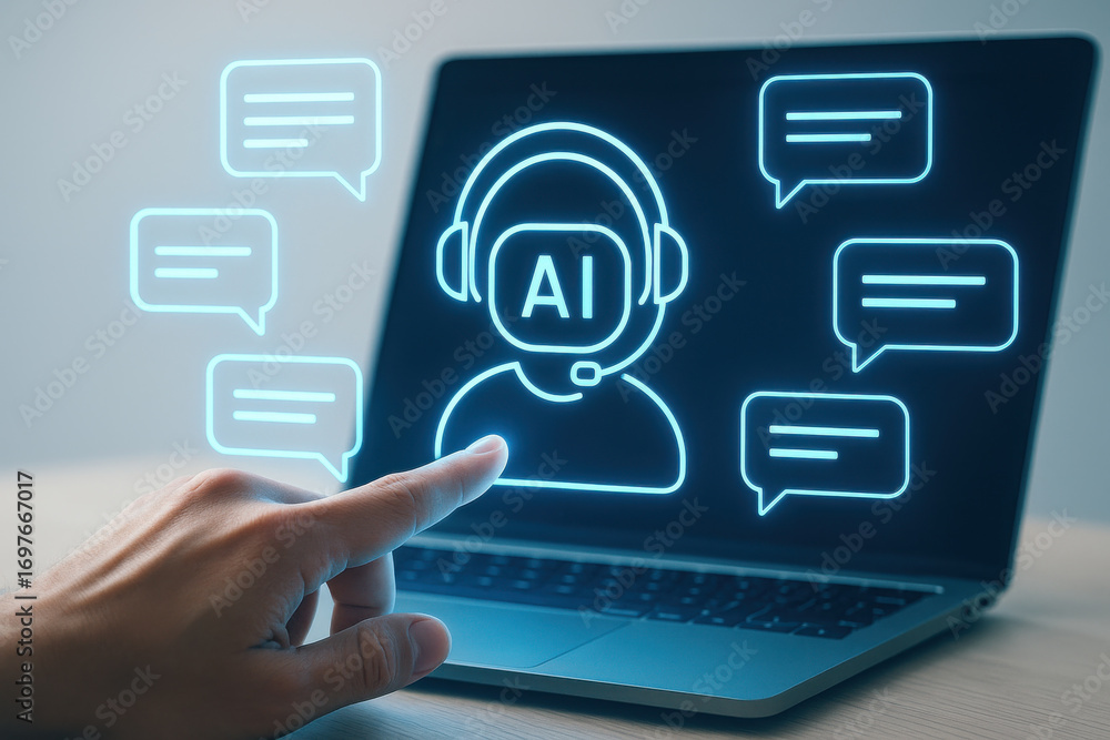 Poster ai chatbot concept with hand pointing on laptop screen showing virtual assistant and chat bubbles