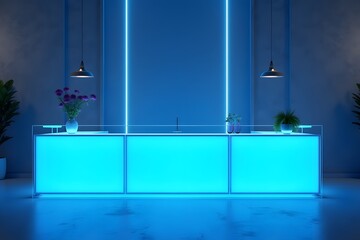 A futuristic glass bar counter glowing in holographic blue.
