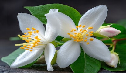 Naklejka premium Close-up of two white jasmine blossoms with green leaves and buds
