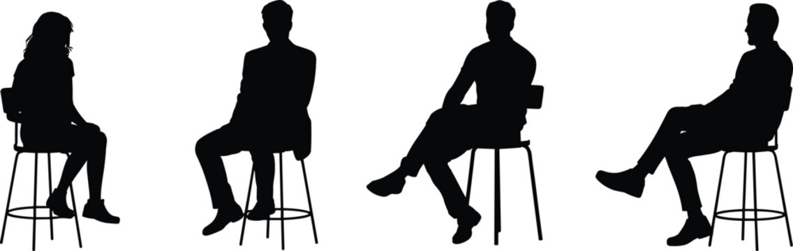 Silhouettes of men and woman sitting on bar stools, casual posture, waiting, conversation, business concept, vector illustration design