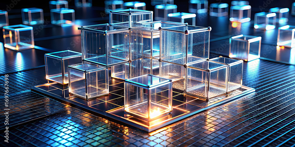 Aufkleber clusters of illuminated glass cubes and block structures create an engaging modern visual display, c