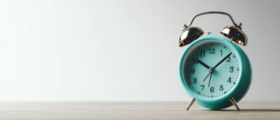 The alarm clock in turquoise sits on a minimalist wooden tabletop with white background