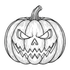 Evil grinning Jackolantern pumpkin with a scary face a detailed black and white line art illustration.