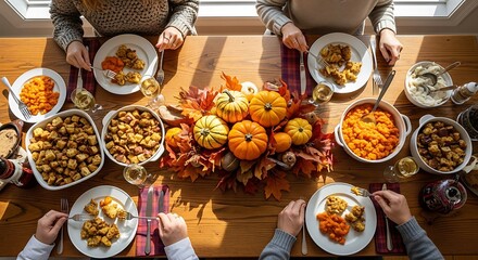 Overhead view of a family enjoying a festive autumn meal with holiday dishes and pumpkin decorations, celebrating Thanksgiving or a fall harvest dinner.