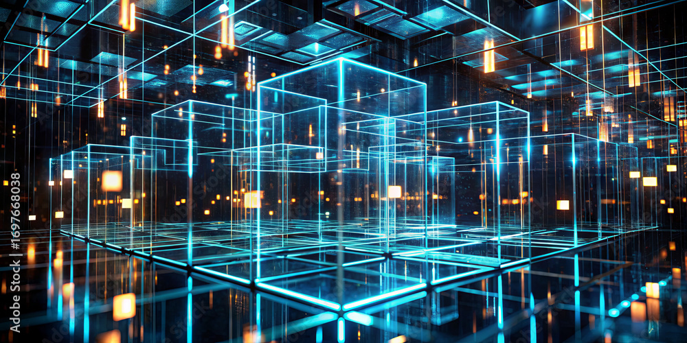 Aufkleber illuminated transparent cubes create a dazzling arrangement in a high-tech digital space. the bright