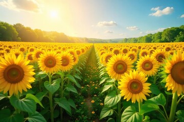 Endless rows of vibrant sunflowers basking in the warm sunlight, creating a breathtaking summer landscape Perfect for illustrating themes of nature, growth, and abundance , blossom, growth