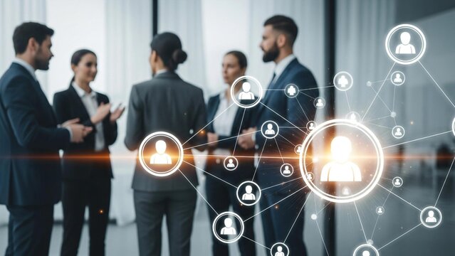 Diverse team connects digitally in modern office space