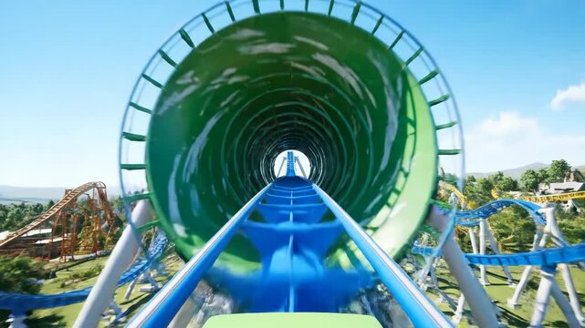 POV shot of a roller coaster train entering a green tunnel on a sunny day at an amusement park.