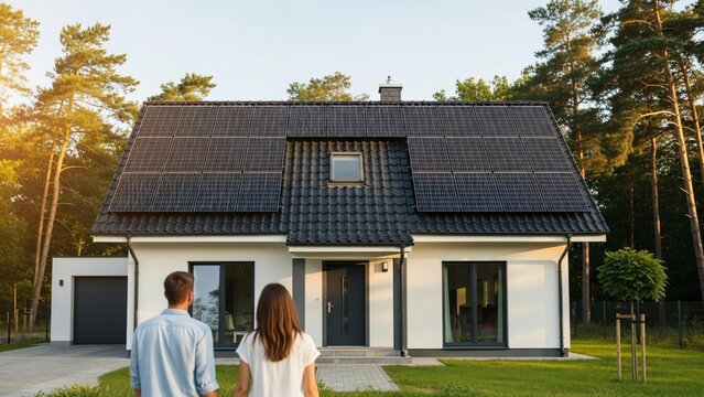 Couple admires modern home with solar panels
