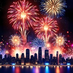 Fototapeta premium Festive celebration fireworks exploding in multicolor brilliance, with dramatic bursts captured in high definition, set against the backdrop of a sparkling nighttime city.