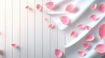 Delicate pink lotus petals scattered on a white wooden surface with a flowing white fabric