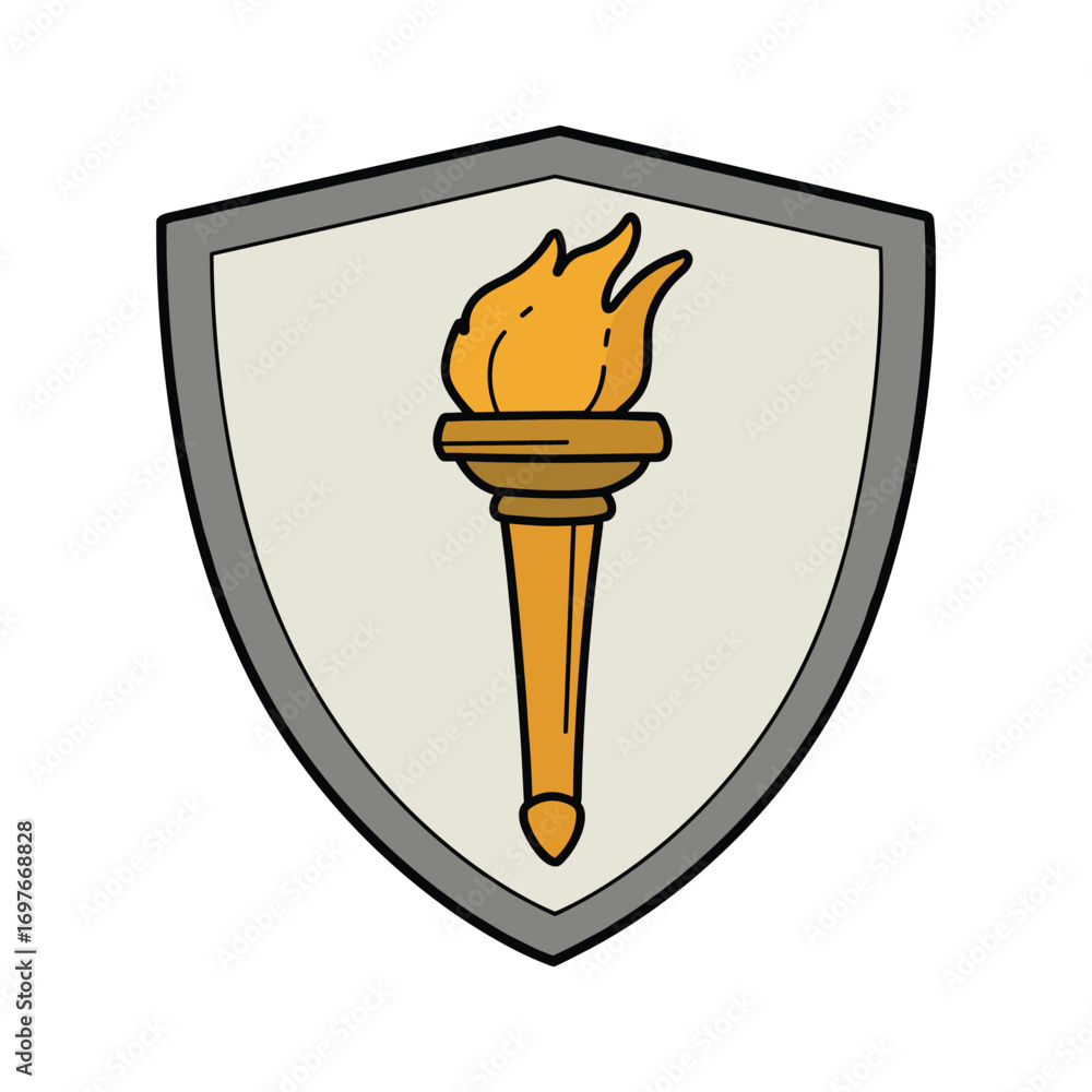 Poster flaming torch emblem on gray shield design – stock vector flat illustration