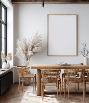 Modern Minimalist Dining Room Interior with Wooden Table and Woven Chairs