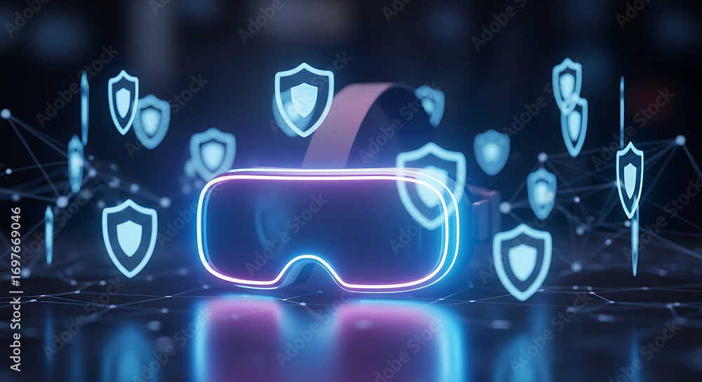 Poster virtual reality headset with glowing neon lights surrounded by cyber security shields representing d